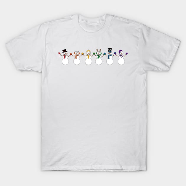 Row of Six LGBTQ Pride Rainbow Snowpeople Winter Design T-Shirt by LiveLoudGraphics